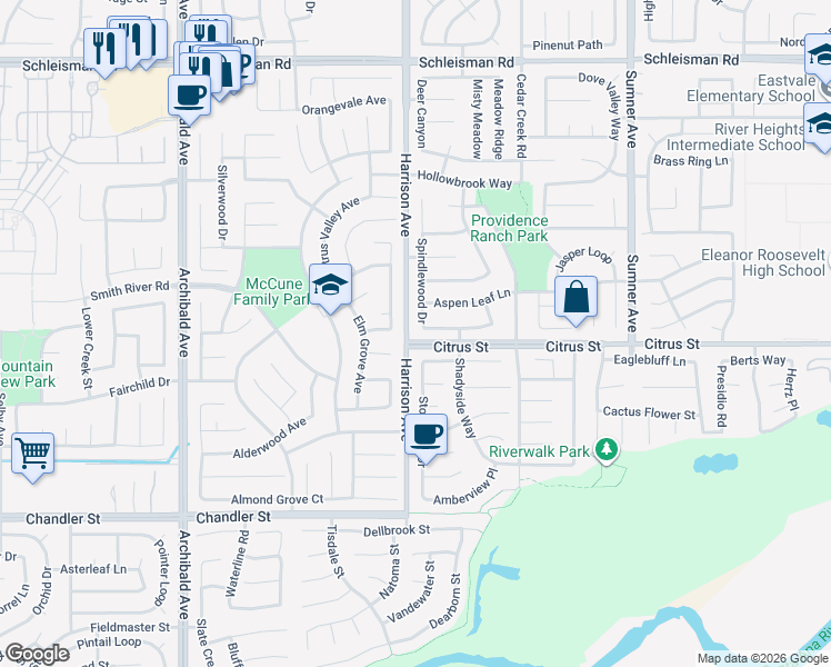 map of restaurants, bars, coffee shops, grocery stores, and more near 13768 Heatherwood Drive in Corona