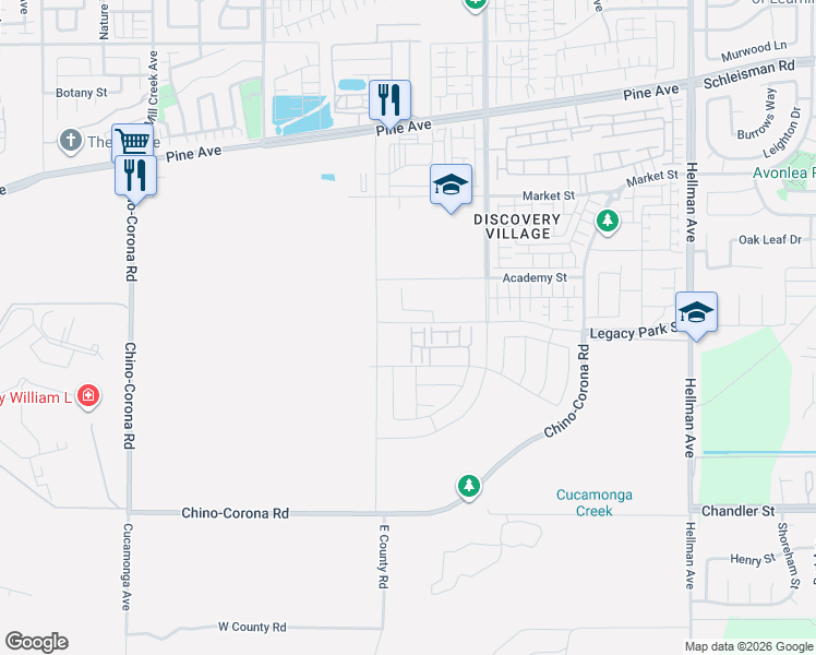 map of restaurants, bars, coffee shops, grocery stores, and more near Comet Avenue in Corona