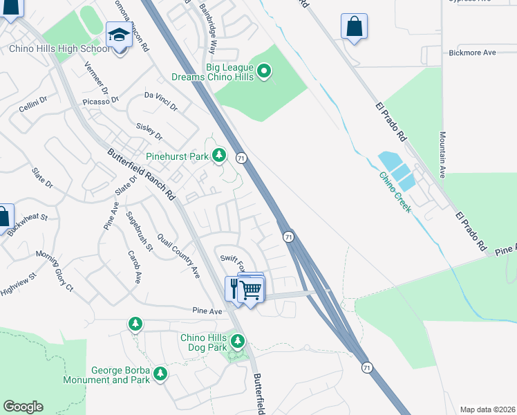 map of restaurants, bars, coffee shops, grocery stores, and more near 5784 Fernwood Court in Chino Hills