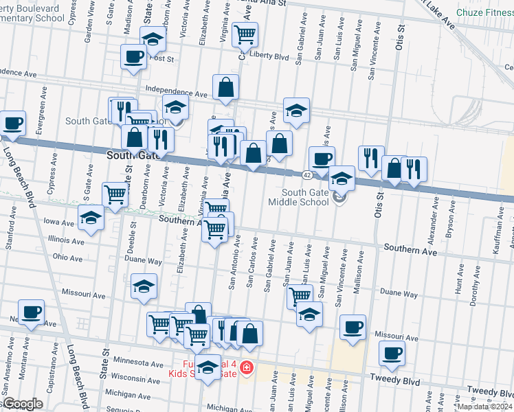 map of restaurants, bars, coffee shops, grocery stores, and more near 8953 San Carlos Avenue in South Gate