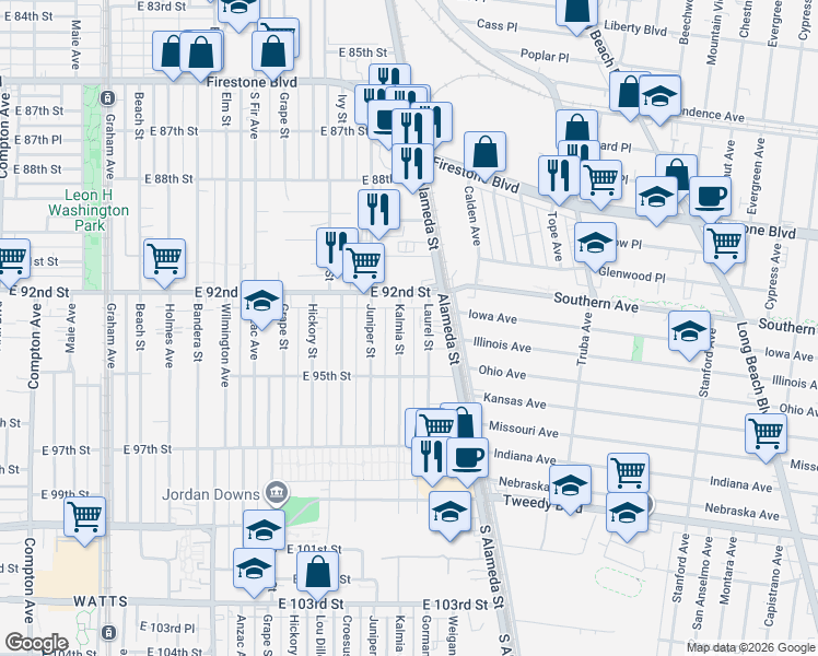 map of restaurants, bars, coffee shops, grocery stores, and more near 9222 1/2 Kalmia Street in Los Angeles