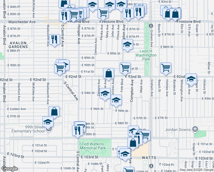 map of restaurants, bars, coffee shops, grocery stores, and more near 1420 East 92nd Street in Los Angeles
