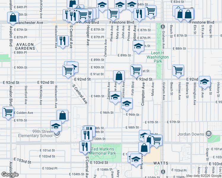 map of restaurants, bars, coffee shops, grocery stores, and more near 9228 Zamora Avenue in Los Angeles