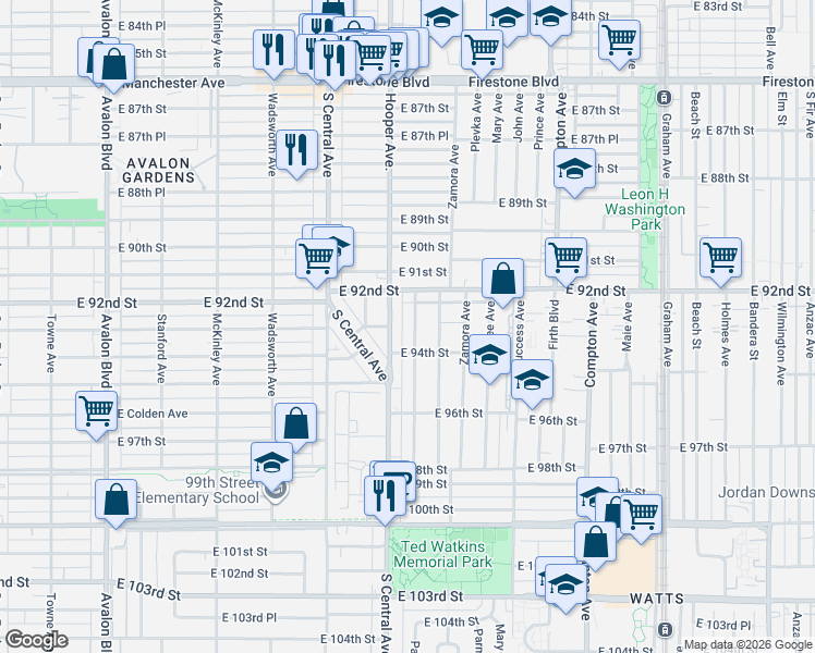 map of restaurants, bars, coffee shops, grocery stores, and more near 9222 Hooper Avenue in Los Angeles