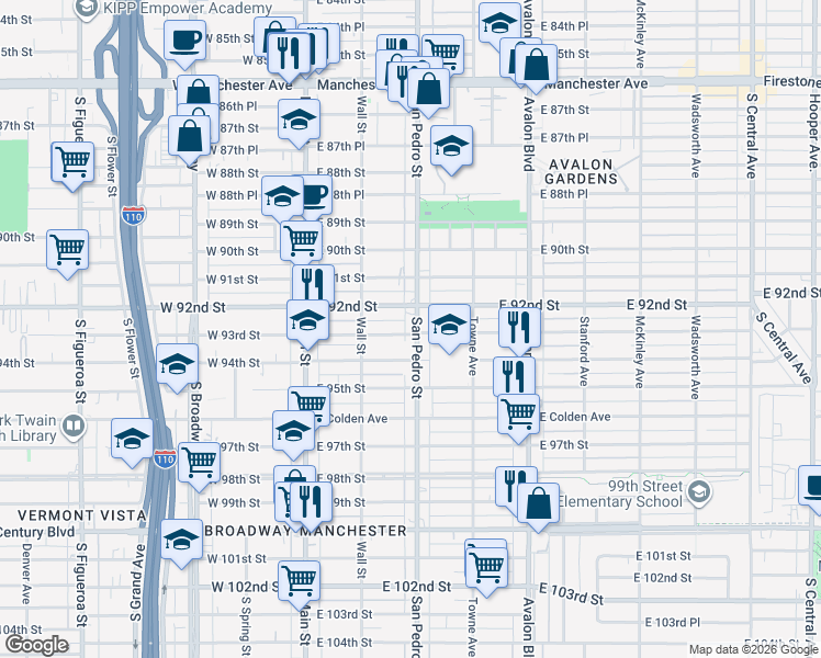 map of restaurants, bars, coffee shops, grocery stores, and more near 234 East 92nd Street in Los Angeles