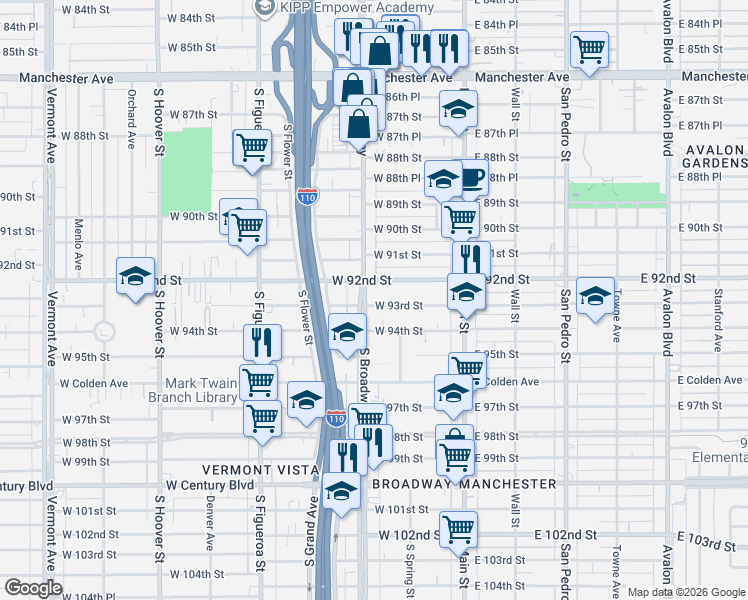 map of restaurants, bars, coffee shops, grocery stores, and more near 9204 South Broadway in Los Angeles