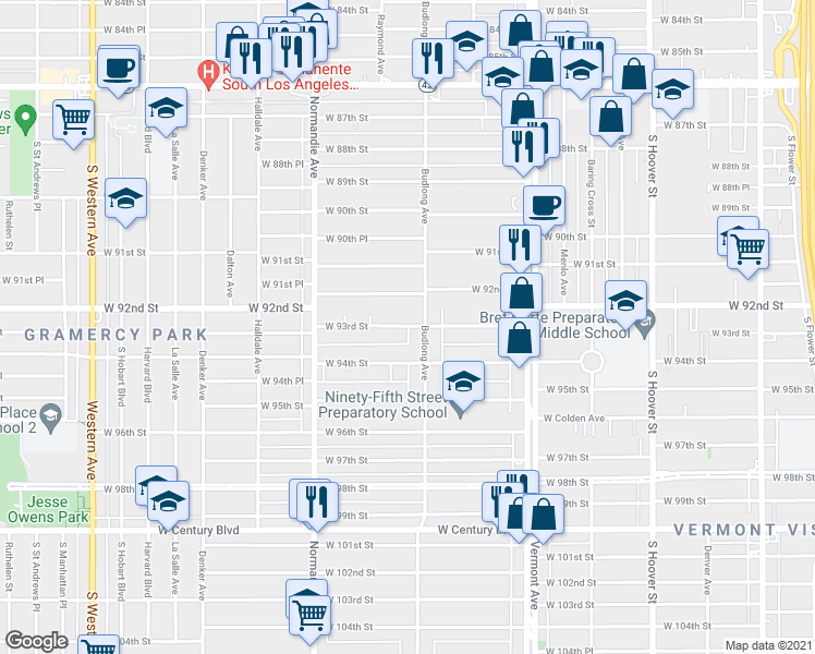 map of restaurants, bars, coffee shops, grocery stores, and more near 9223 Budlong Avenue in Los Angeles