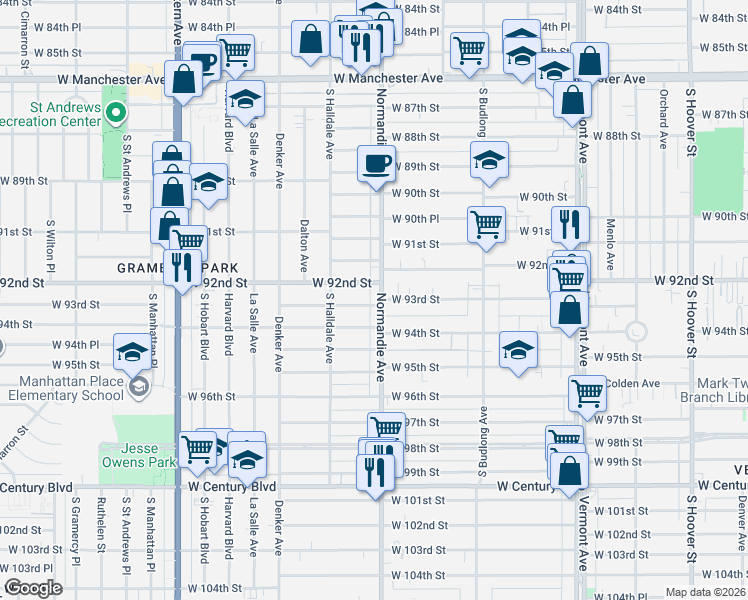 map of restaurants, bars, coffee shops, grocery stores, and more near 9201 Normandie Avenue in Los Angeles
