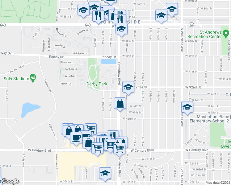 map of restaurants, bars, coffee shops, grocery stores, and more near 3127 West Arbor Vitae Street in Inglewood