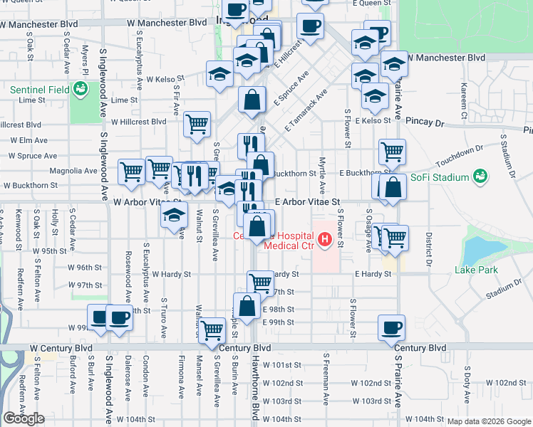 map of restaurants, bars, coffee shops, grocery stores, and more near 322 East Arbor Vitae Street in Inglewood