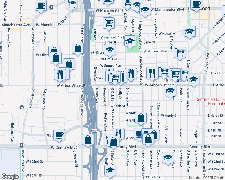 map of restaurants, bars, coffee shops, grocery stores, and more near 530 West Arbor Vitae Street in Inglewood