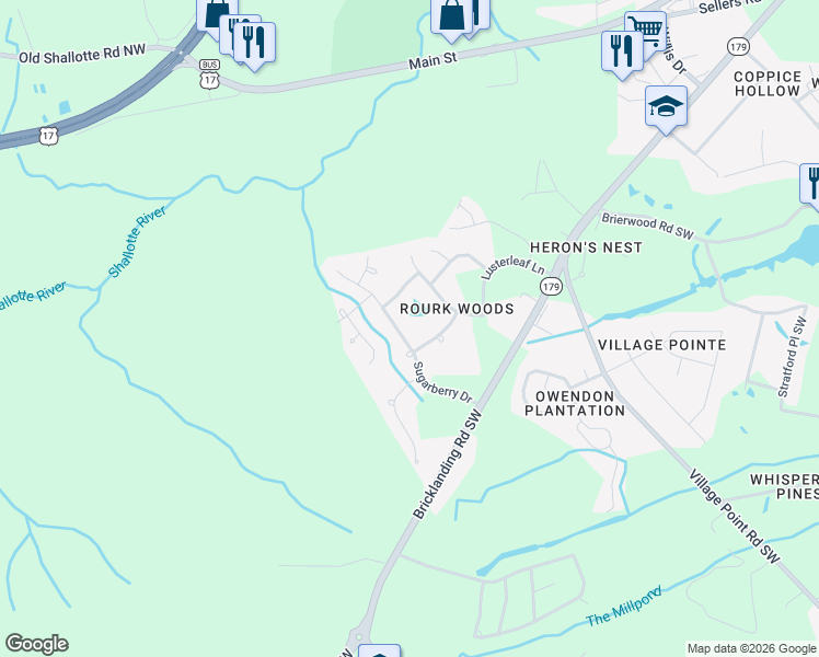 map of restaurants, bars, coffee shops, grocery stores, and more near 4869 Sugarberry Drive in Shallotte