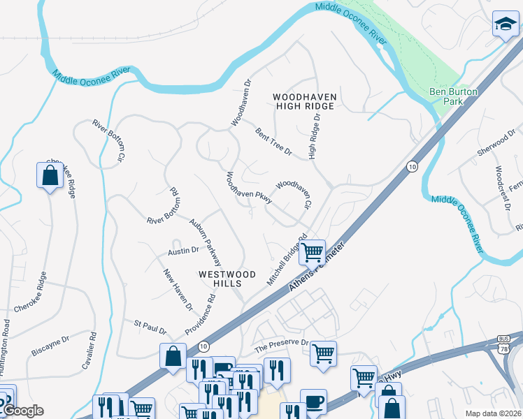 map of restaurants, bars, coffee shops, grocery stores, and more near 107 Woodhaven Terrace in Athens