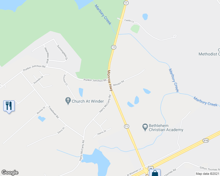 map of restaurants, bars, coffee shops, grocery stores, and more near 464 Monroe Highway in Winder