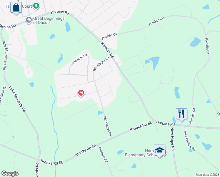 map of restaurants, bars, coffee shops, grocery stores, and more near 1688 Little Fox Drive Southeast in Dacula