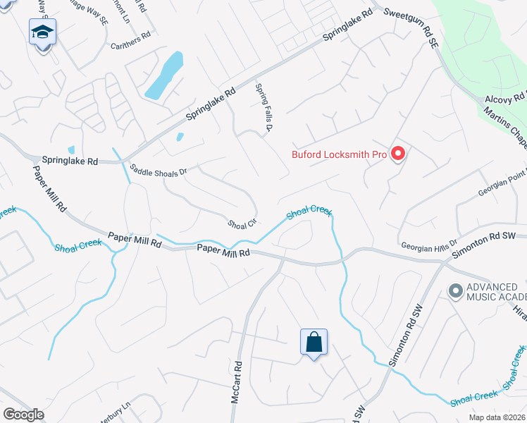 map of restaurants, bars, coffee shops, grocery stores, and more near 587 Shoal Circle in Lawrenceville