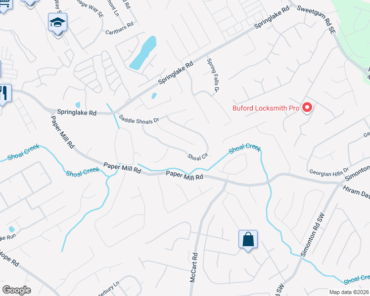 map of restaurants, bars, coffee shops, grocery stores, and more near 454 Shoal Court in Lawrenceville