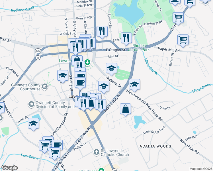 map of restaurants, bars, coffee shops, grocery stores, and more near 262 Jackson Street in Lawrenceville