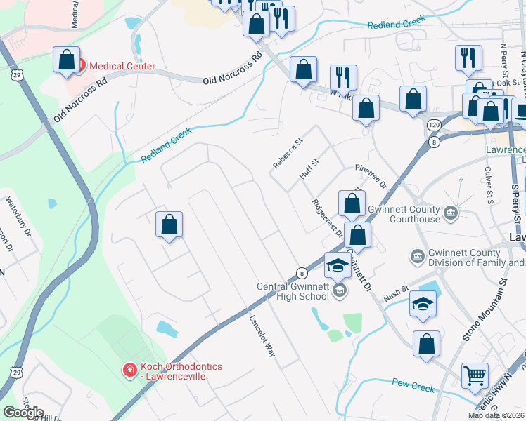 map of restaurants, bars, coffee shops, grocery stores, and more near 579 Dogwood Drive Northwest in Lawrenceville