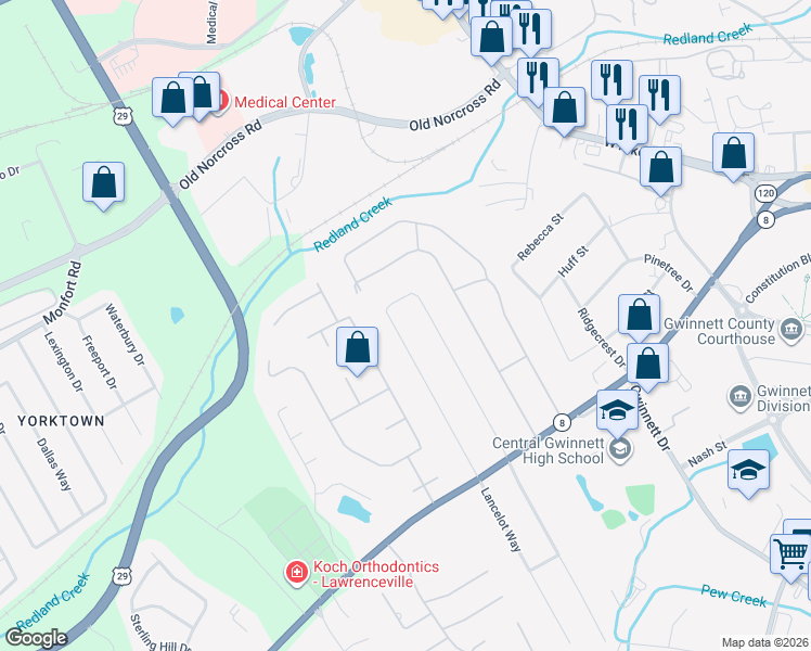 map of restaurants, bars, coffee shops, grocery stores, and more near 280 Regal Drive Northwest in Lawrenceville