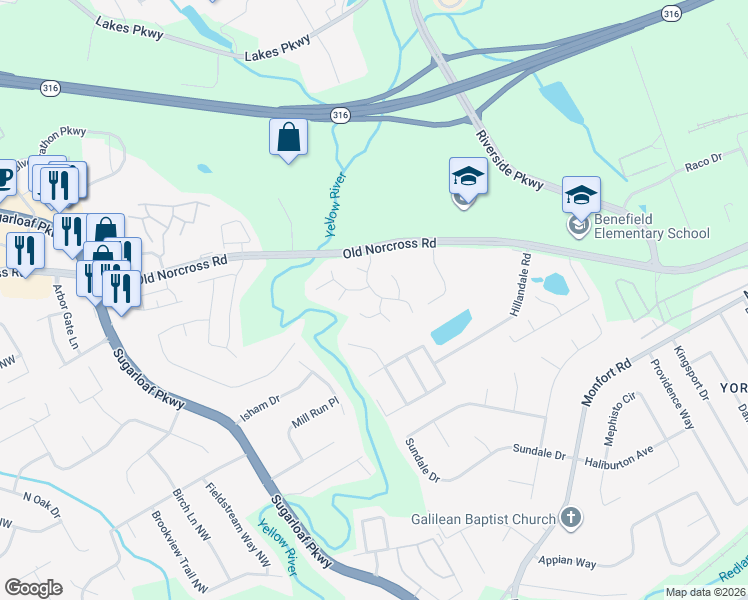 map of restaurants, bars, coffee shops, grocery stores, and more near 1404 Alamein Drive in Lawrenceville