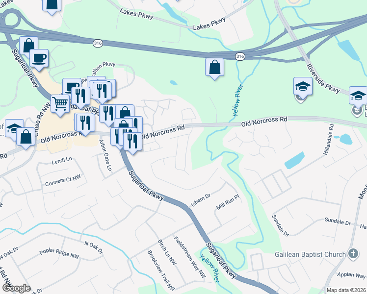map of restaurants, bars, coffee shops, grocery stores, and more near 770 Winding River Drive in Lawrenceville