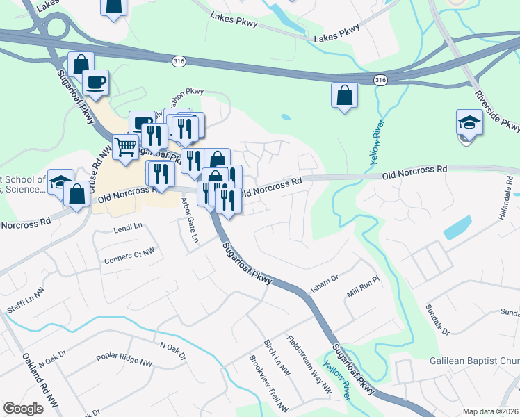 map of restaurants, bars, coffee shops, grocery stores, and more near 1749 Coleville Oak Lane in Lawrenceville