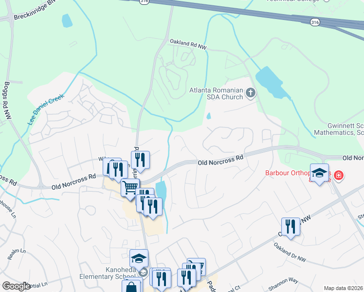 map of restaurants, bars, coffee shops, grocery stores, and more near 1277 Parkside Club Drive Northwest in Lawrenceville