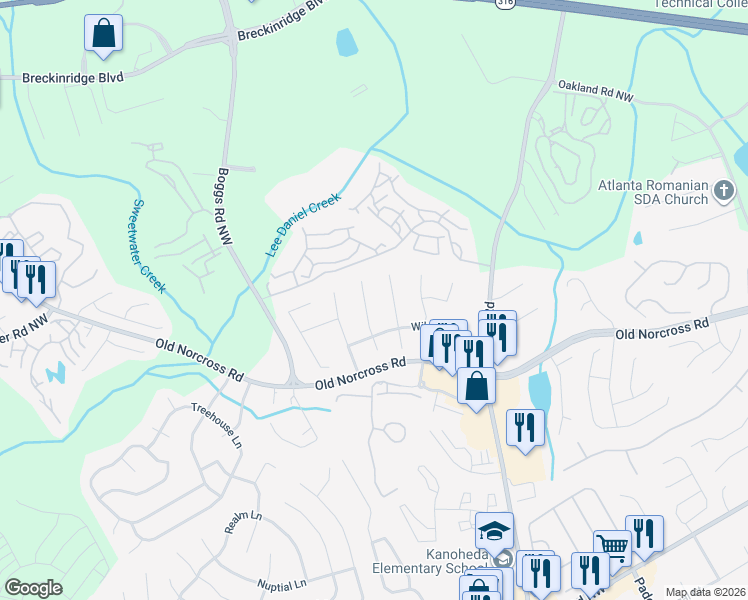 map of restaurants, bars, coffee shops, grocery stores, and more near 1311 Buttercup Court in Lawrenceville