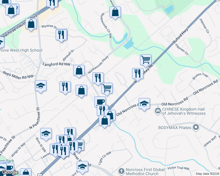 map of restaurants, bars, coffee shops, grocery stores, and more near 2801 Herrington Drive in Norcross