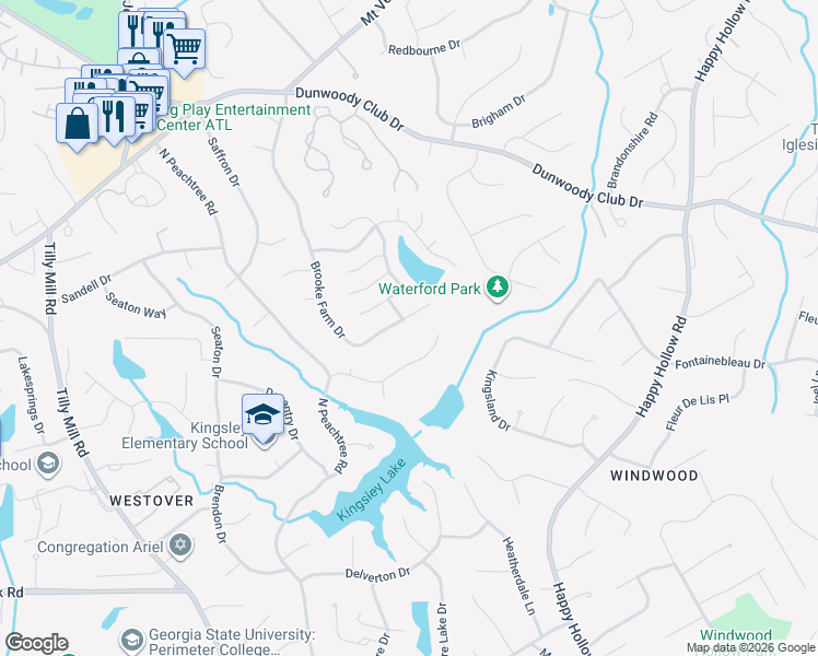 map of restaurants, bars, coffee shops, grocery stores, and more near 5106 Brooke Farm Drive in Dunwoody