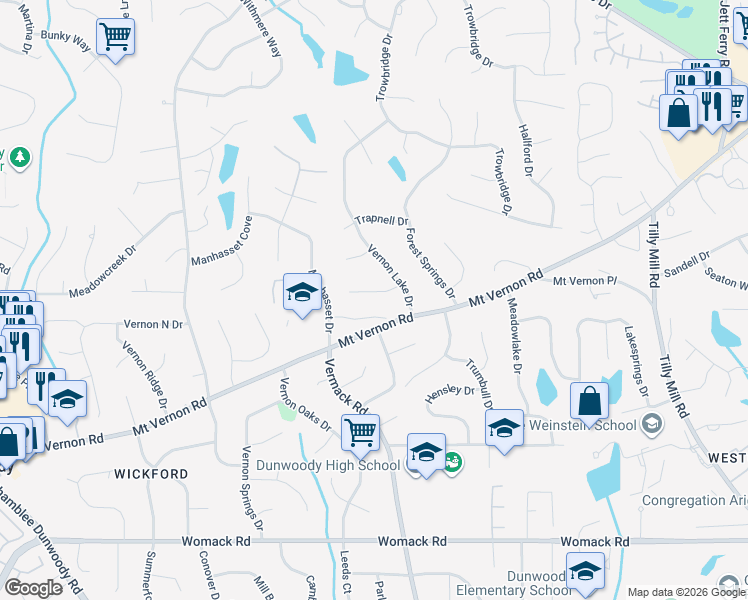 map of restaurants, bars, coffee shops, grocery stores, and more near 1738 Wilder Court in Dunwoody