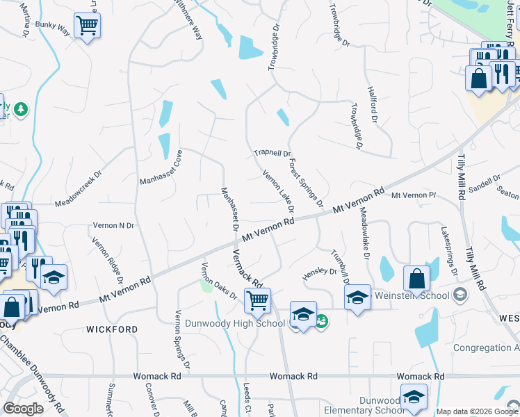 map of restaurants, bars, coffee shops, grocery stores, and more near 1738 Wilder Court in Dunwoody