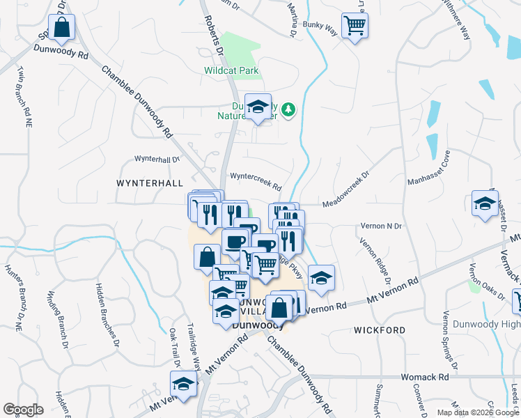 map of restaurants, bars, coffee shops, grocery stores, and more near 5081 Meadowcreek Drive in Dunwoody