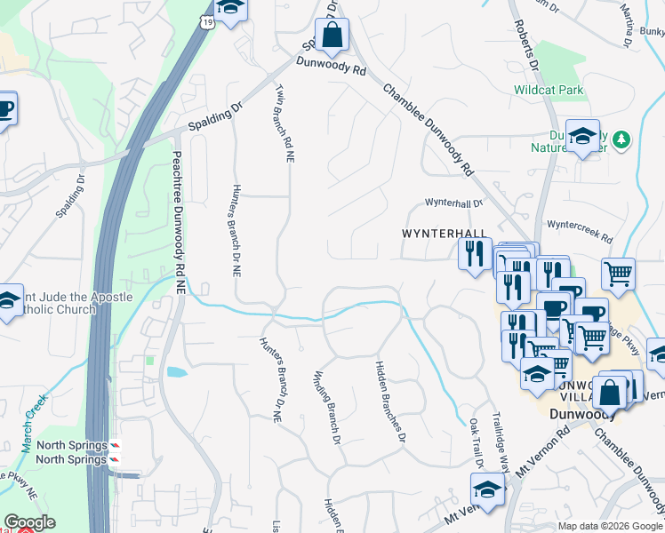 map of restaurants, bars, coffee shops, grocery stores, and more near 1036 Redfield Terrace in Dunwoody