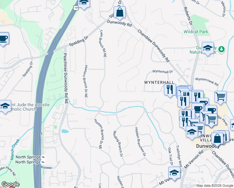 map of restaurants, bars, coffee shops, grocery stores, and more near 1036 Redfield Terrace in Dunwoody