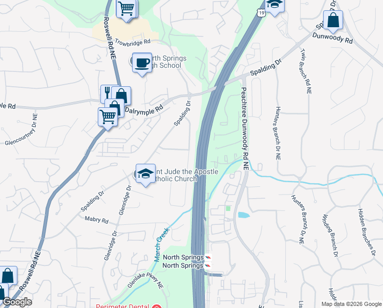 map of restaurants, bars, coffee shops, grocery stores, and more near 7225 Northgreen Drive Northeast in Sandy Springs