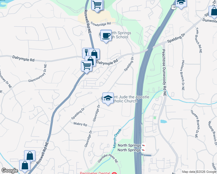 map of restaurants, bars, coffee shops, grocery stores, and more near 7645 Highland Bluff in Atlanta