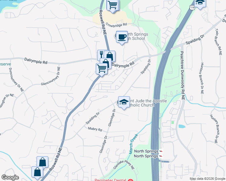 map of restaurants, bars, coffee shops, grocery stores, and more near 7510 Highland Bluff in Atlanta