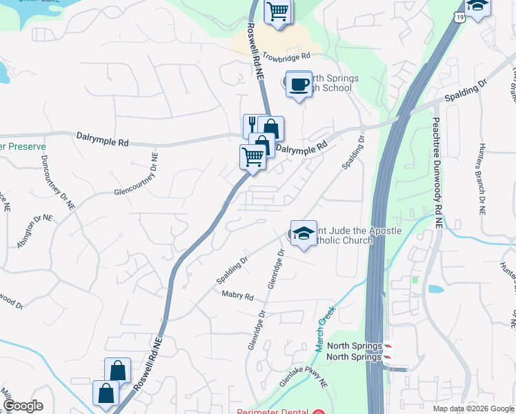 map of restaurants, bars, coffee shops, grocery stores, and more near 7200 Glisten Avenue Northeast in Sandy Springs