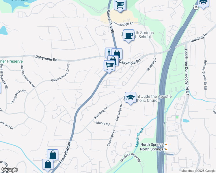 map of restaurants, bars, coffee shops, grocery stores, and more near 7200 Glisten Avenue Northeast in Sandy Springs