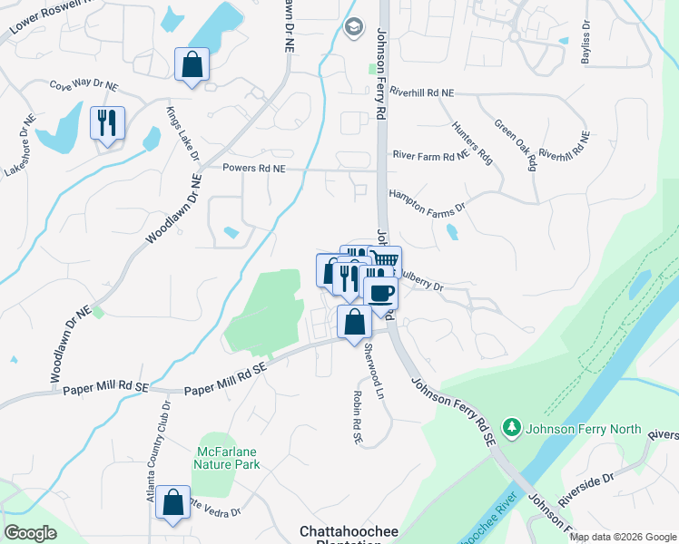 map of restaurants, bars, coffee shops, grocery stores, and more near 155 Johnson Ferry Road in Marietta