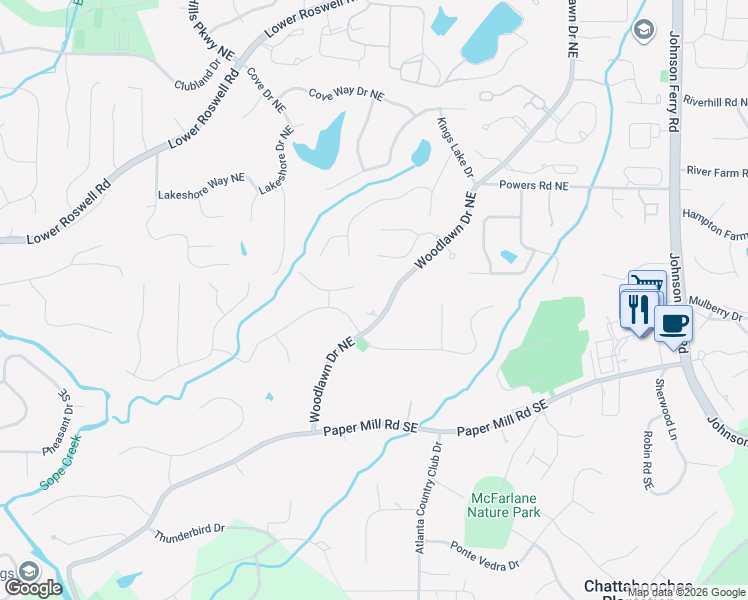 map of restaurants, bars, coffee shops, grocery stores, and more near 127 Woodlawn Drive Northeast in Marietta