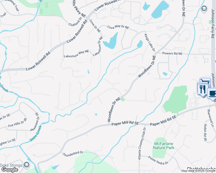 map of restaurants, bars, coffee shops, grocery stores, and more near 4275 Blackland Drive in Marietta
