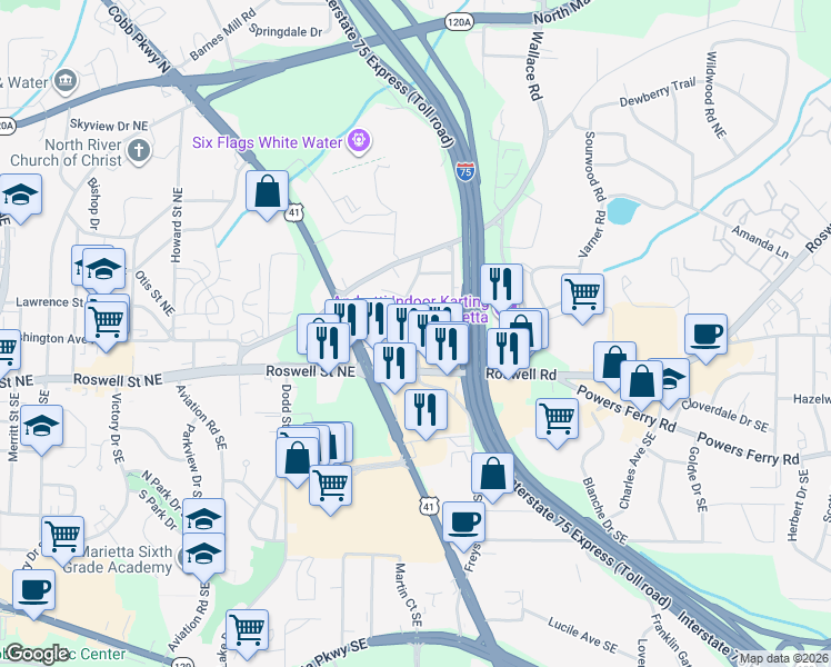 map of restaurants, bars, coffee shops, grocery stores, and more near 926 Hagood Circle Northeast in Marietta
