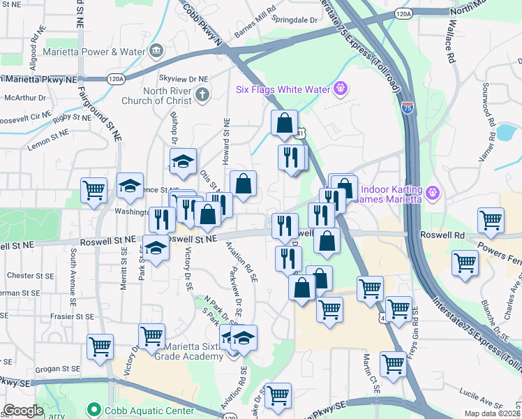 map of restaurants, bars, coffee shops, grocery stores, and more near 861 Washington Avenue Northeast in Marietta