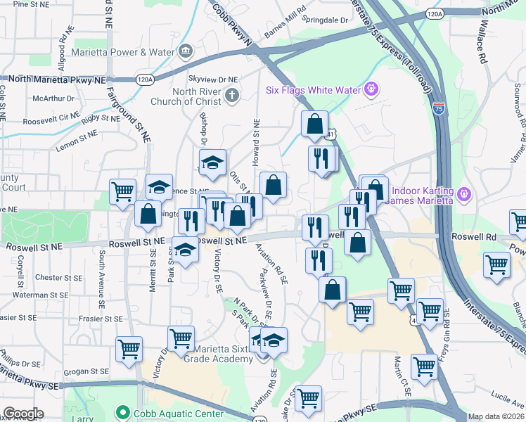 map of restaurants, bars, coffee shops, grocery stores, and more near 75 Beaver Street in Marietta