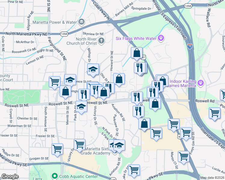 map of restaurants, bars, coffee shops, grocery stores, and more near 75 Beaver Street in Marietta