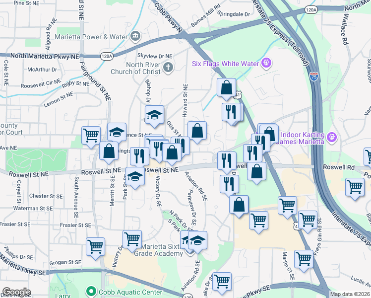 map of restaurants, bars, coffee shops, grocery stores, and more near 75 Beaver Street in Marietta