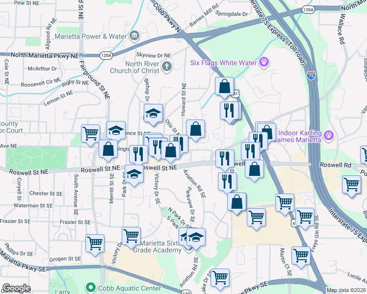 map of restaurants, bars, coffee shops, grocery stores, and more near 75 Beaver Street in Marietta